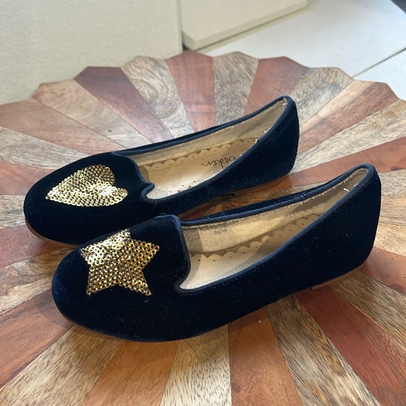 Boden Little Girls Navy blue Velvet flats with gold heart & star sequin size 27 - Picture 1 of 9